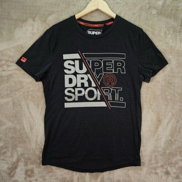 Superdry Sport Spell Out Logo Tee Mens Sz L Black Short Sleeve Graphic T-Shirt - Picture 1 of 10